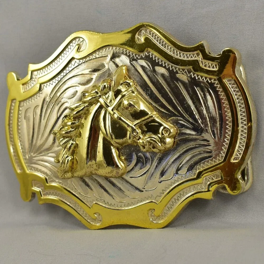 Belt Buckle‎ Horse Head Western Old West Silver and Gold Color Shiny